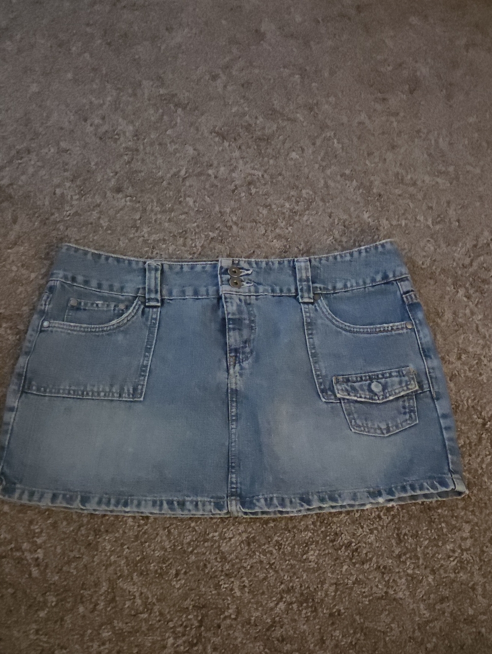 Hydraulic Light Blue Denim Mini Skirt with Front Pockets